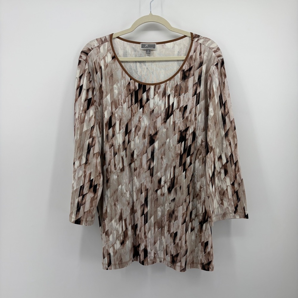 JM Collection Womens 2X Brown Geometric 3/4 Sleeve Scoop Neck Knit Top Blouse